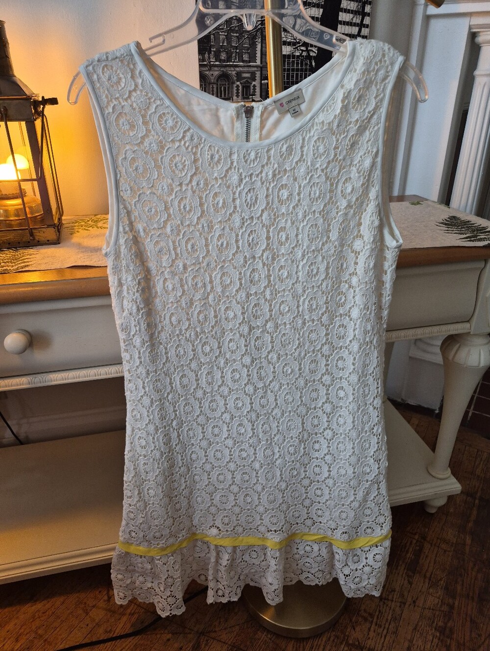 White Crocheted Lace Sleeveless Mini Dress w/Yellow Trim